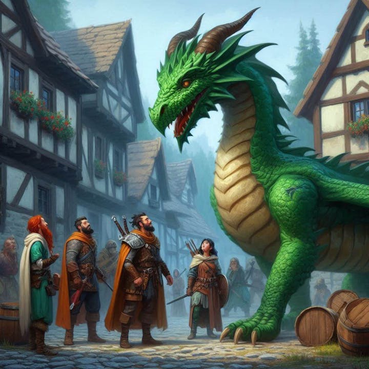 A green dragon towers over a group of adventurers in a medieval village, showcasing a fantasy scene filled with intrigue.