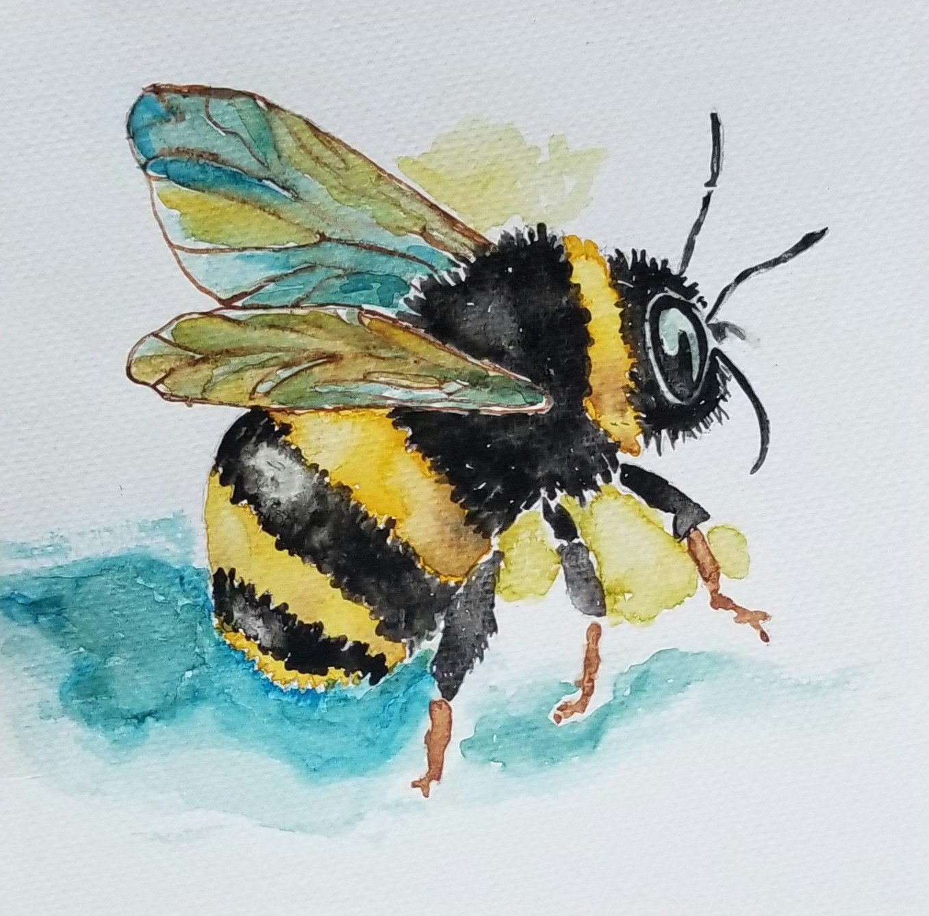 A colorful watercolor painting of a detailed bumblebee with black and yellow stripes, resting on a light blue surface.