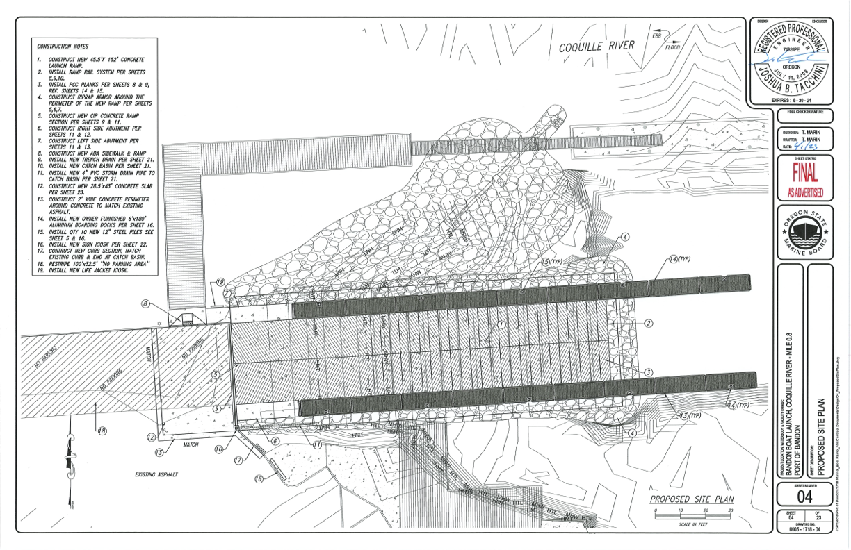 The image is a proposed site plan for a construction project near the Coquille River, detailing various construction notes and specifications.