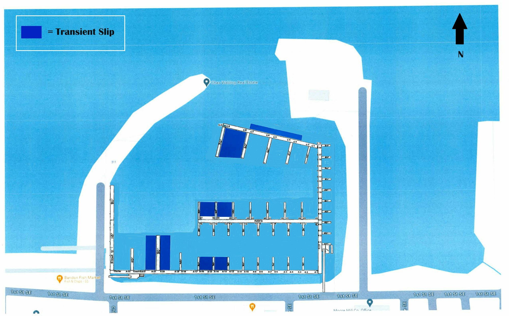 A schematic map of a marina showing transient slips and docks, with compass orientation and nearby landmarks.