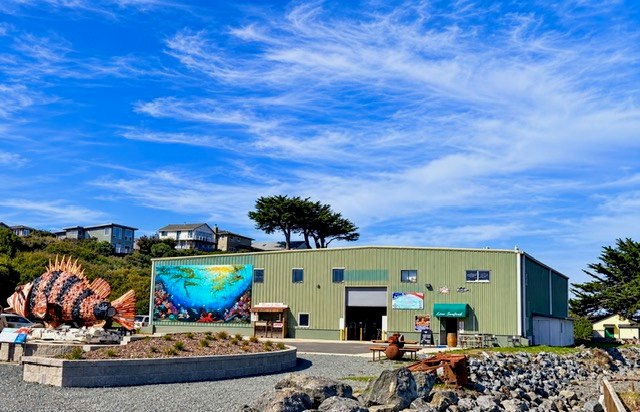 A coastal building with colorful murals and a large fish sculpture, surrounded by rocks and greenery under a blue sky.