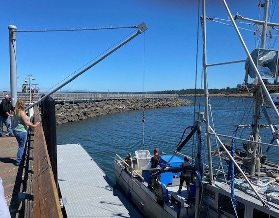 A dock with a fishing boat, people, clear skies, and a jetty.