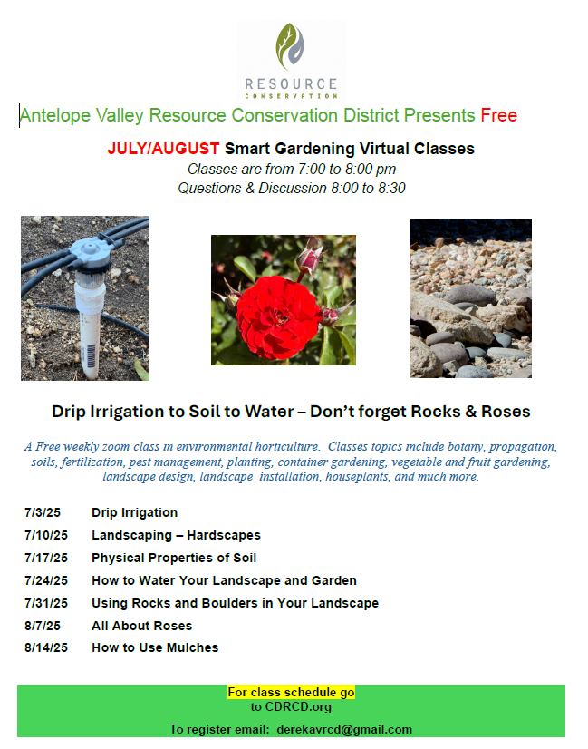 Virtual gardening classes on irrigation, landscaping, soil, and more. July-August, 7-8 pm. Register via email.