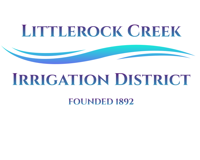 Logo of Littlerock Creek Irrigation District, founded in 1892, with stylized blue water waves.