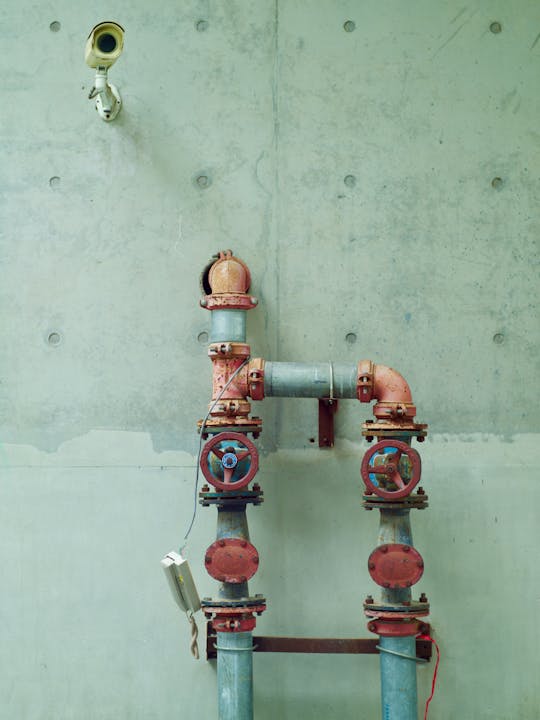 A security camera and exposed red piping with valves on a concrete wall.