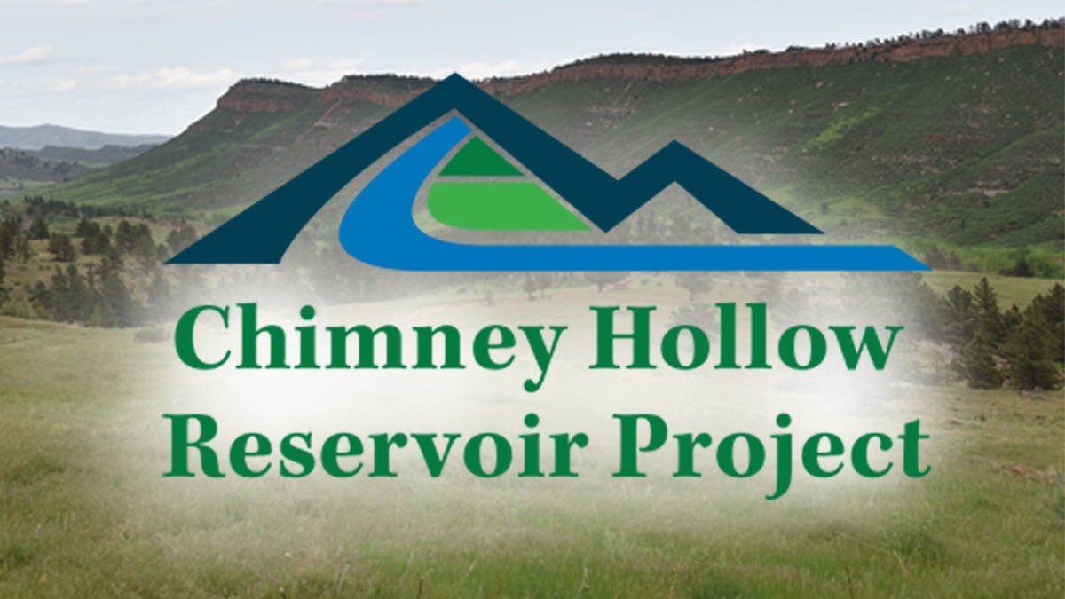 Text "Chimney Hollow Reservoir Project" overlaid on a landscape with hills and grass.