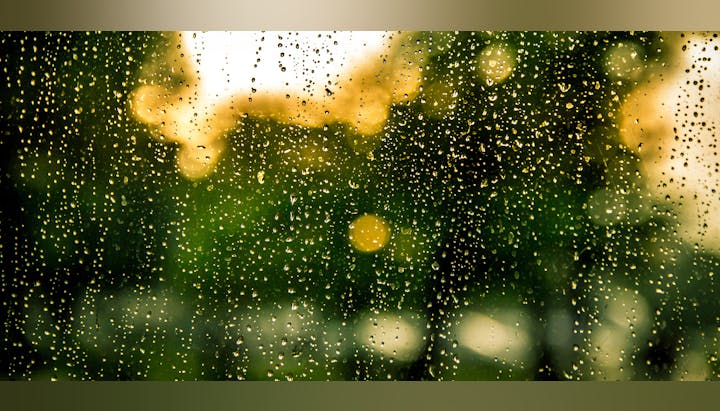 Raindrops on a window with a blurred green and yellow background.