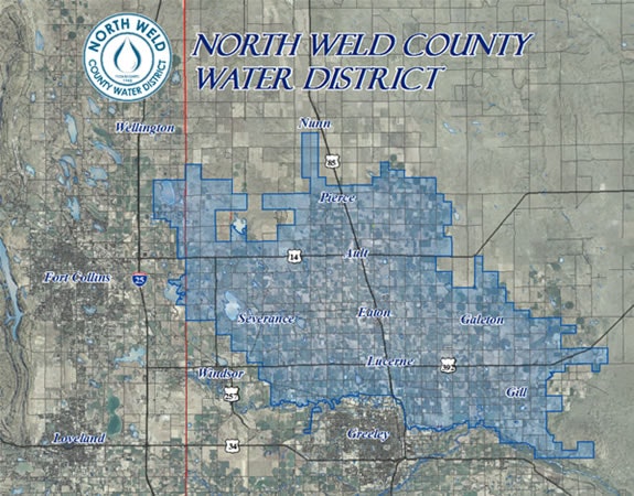 A map of North Weld County Water District with marked boundaries and town names.