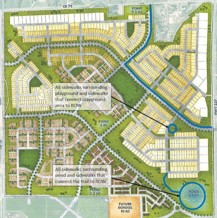 Overhead view of a residential area plan with annotations for sidewalks near a playground and ponds.
