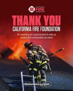 Firefighters on a roof, "Thank You" message from California Fire Foundation for grant support.