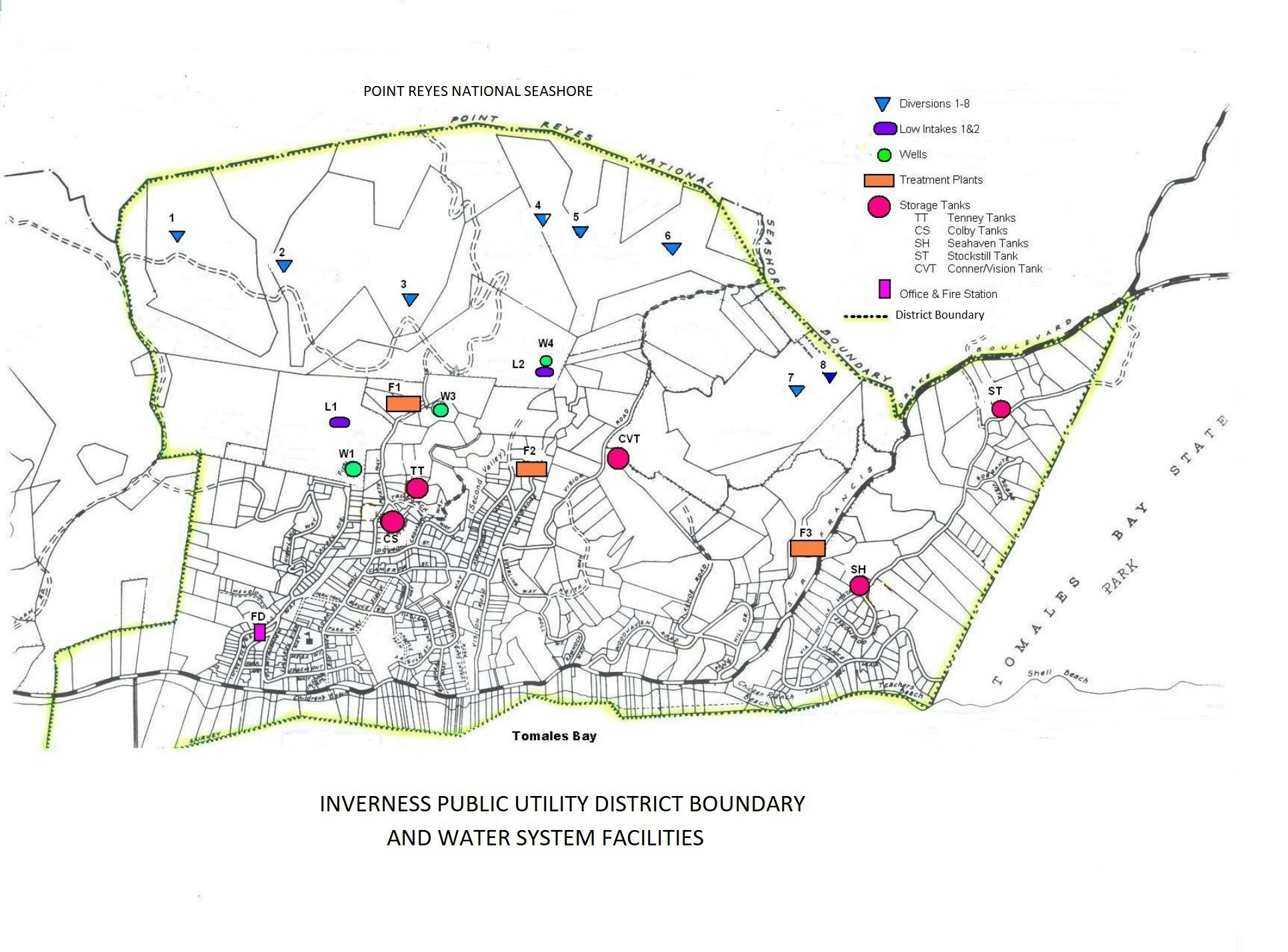 Map of Inverness Public Utility District boundary and water system facilities with symbols indicating various infrastructure components.