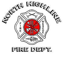 North Highline Fire Dept. logo with axes, ladder, and fire symbols.