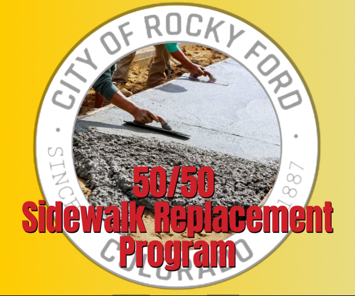 City of Rocky Ford promotes a "50/50 Sidewalk Replacement Program" with an image of workers smoothing concrete.