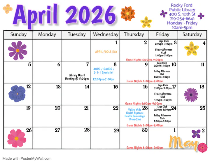 Calendar for April 2026 at Rocky Ford Public Library, featuring events like Lego Club, Game Nights, and a Library Board Meeting.
