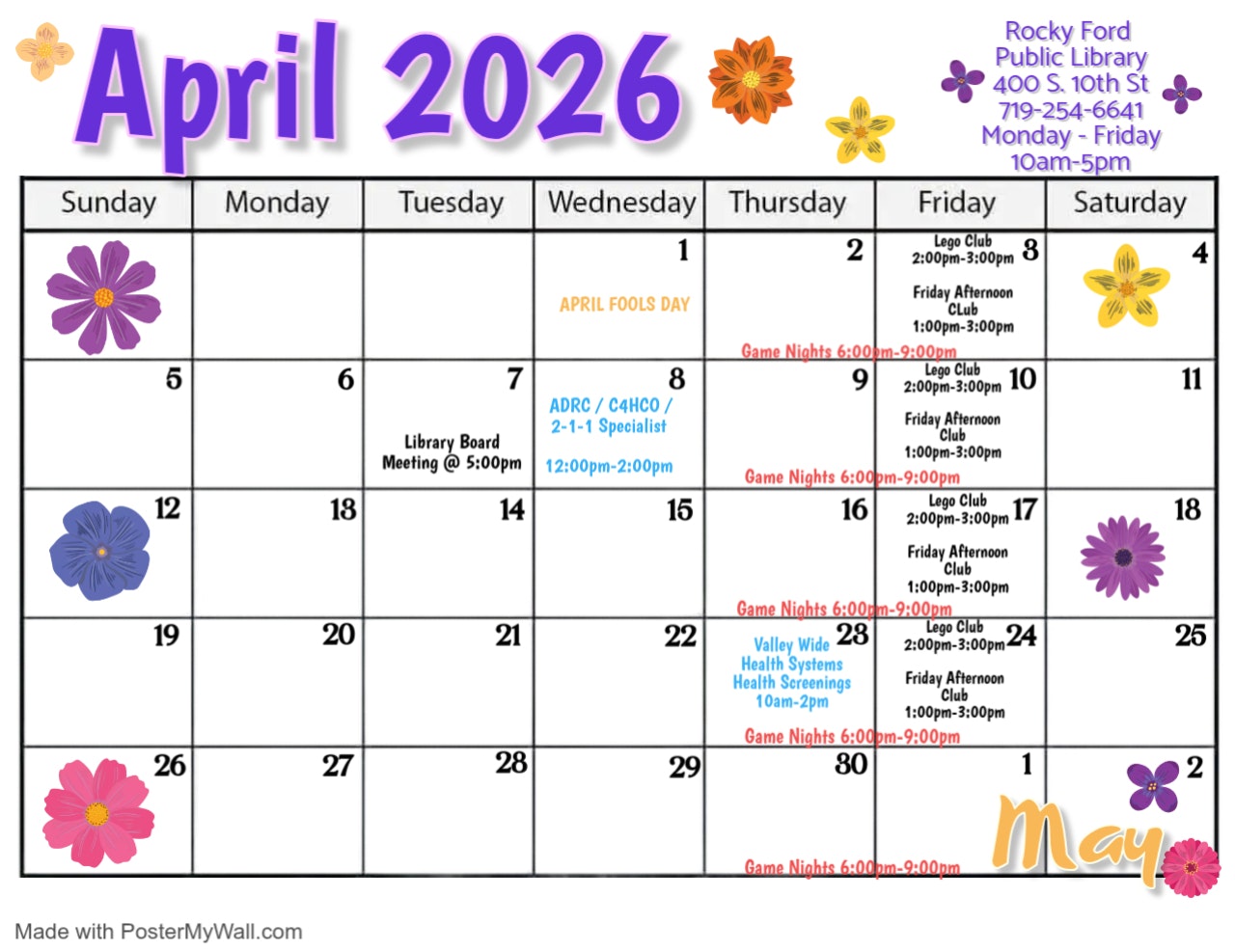 Calendar for April 2026 at Rocky Ford Public Library, featuring events like Lego Club, Game Nights, and a Library Board Meeting.