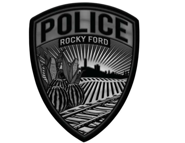 Rocky Ford Police badge with corn, watermelons, fields, and a city silhouette.