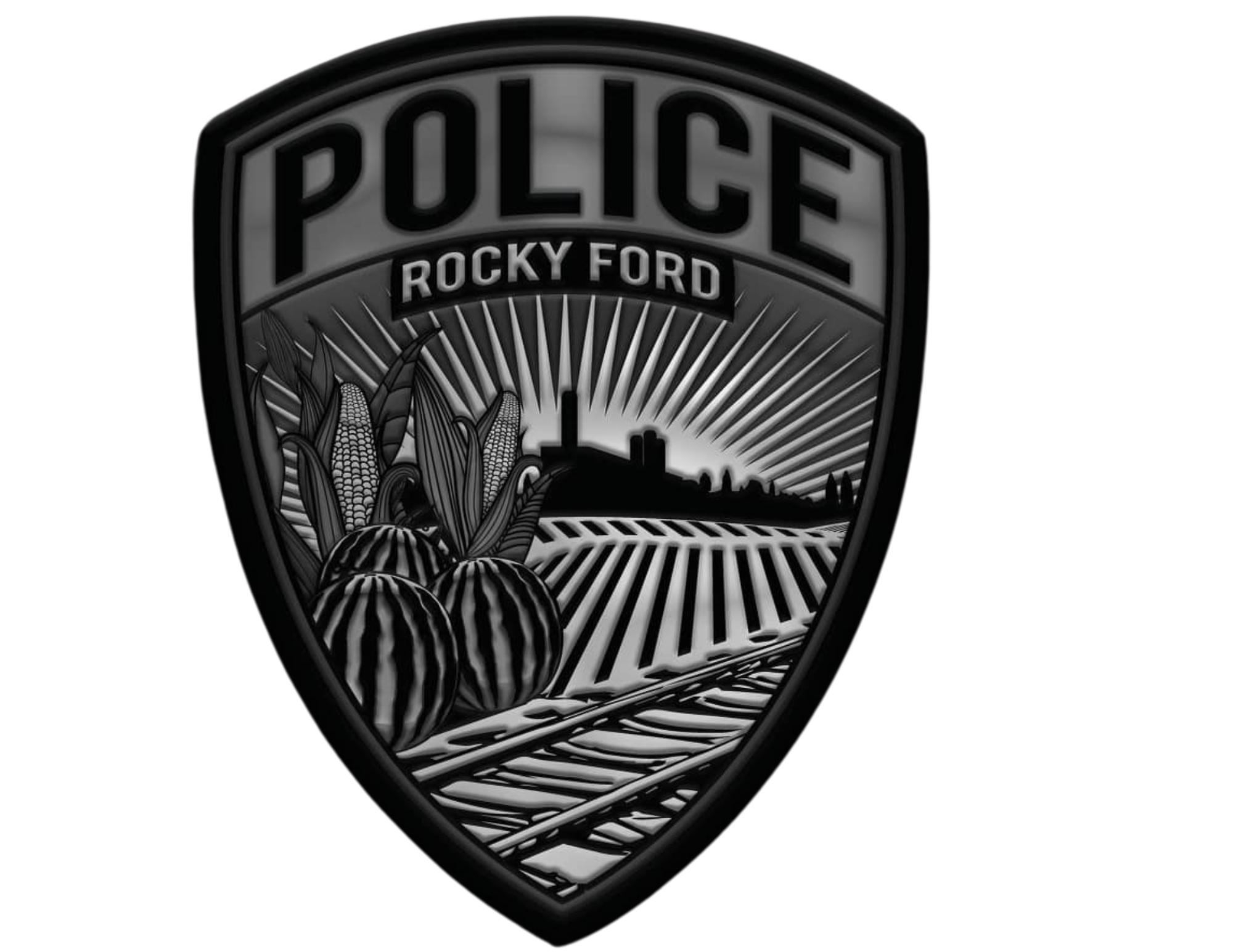 Rocky Ford Police badge with corn, watermelons, fields, and a city silhouette.