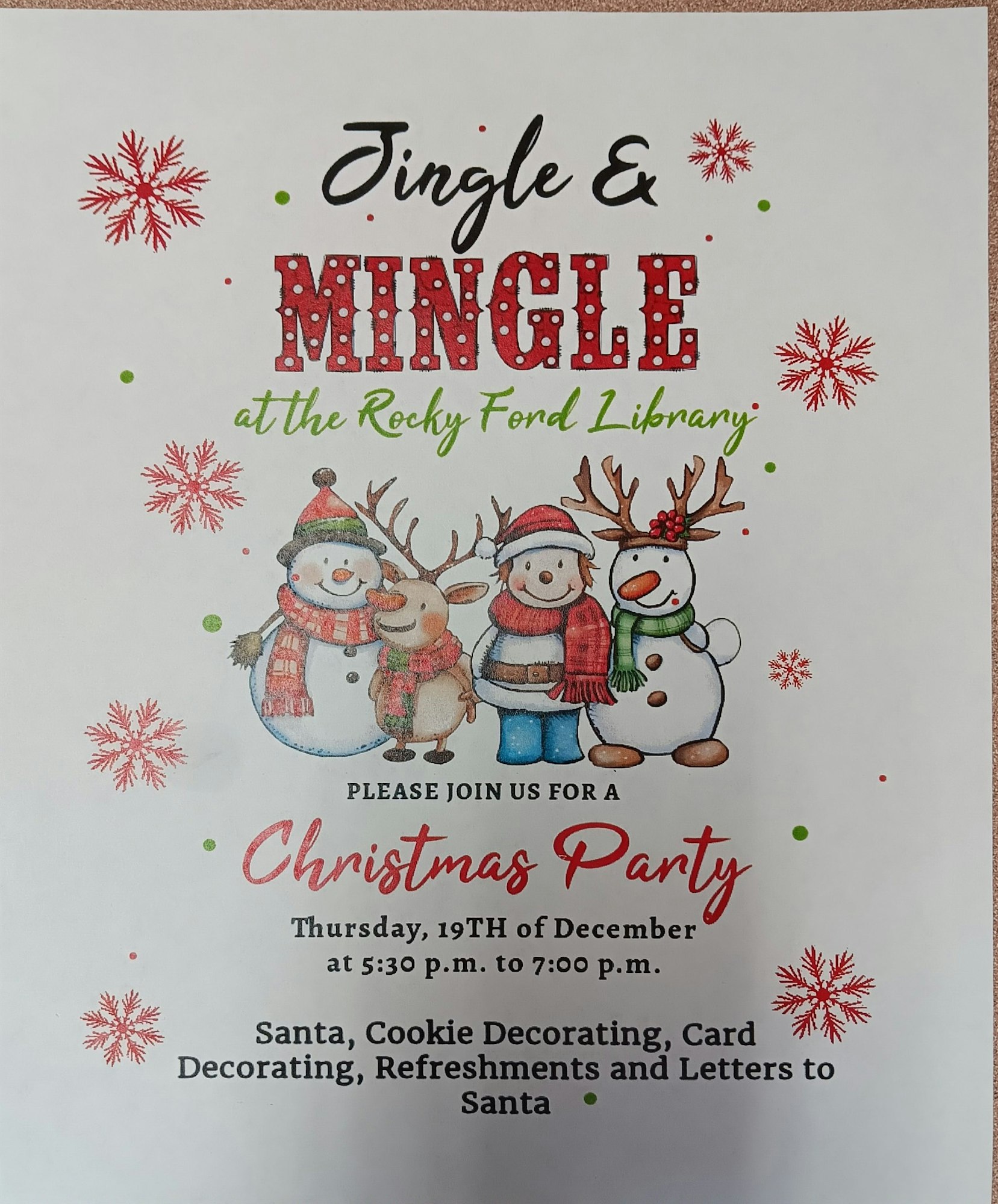 Christmas party invite: December 19, 5:30-7:00 p.m. at Rocky Ford Library. Activities: Santa, cookie, card decorating, refreshments.