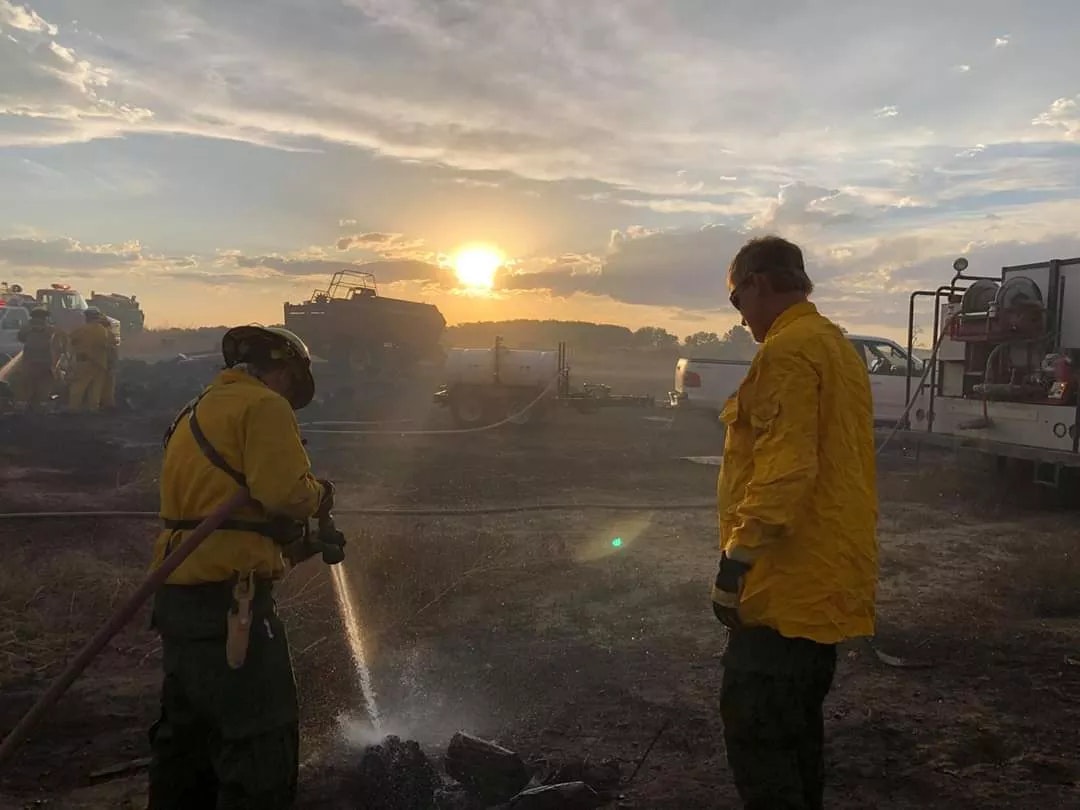 sunset, firemen, hose