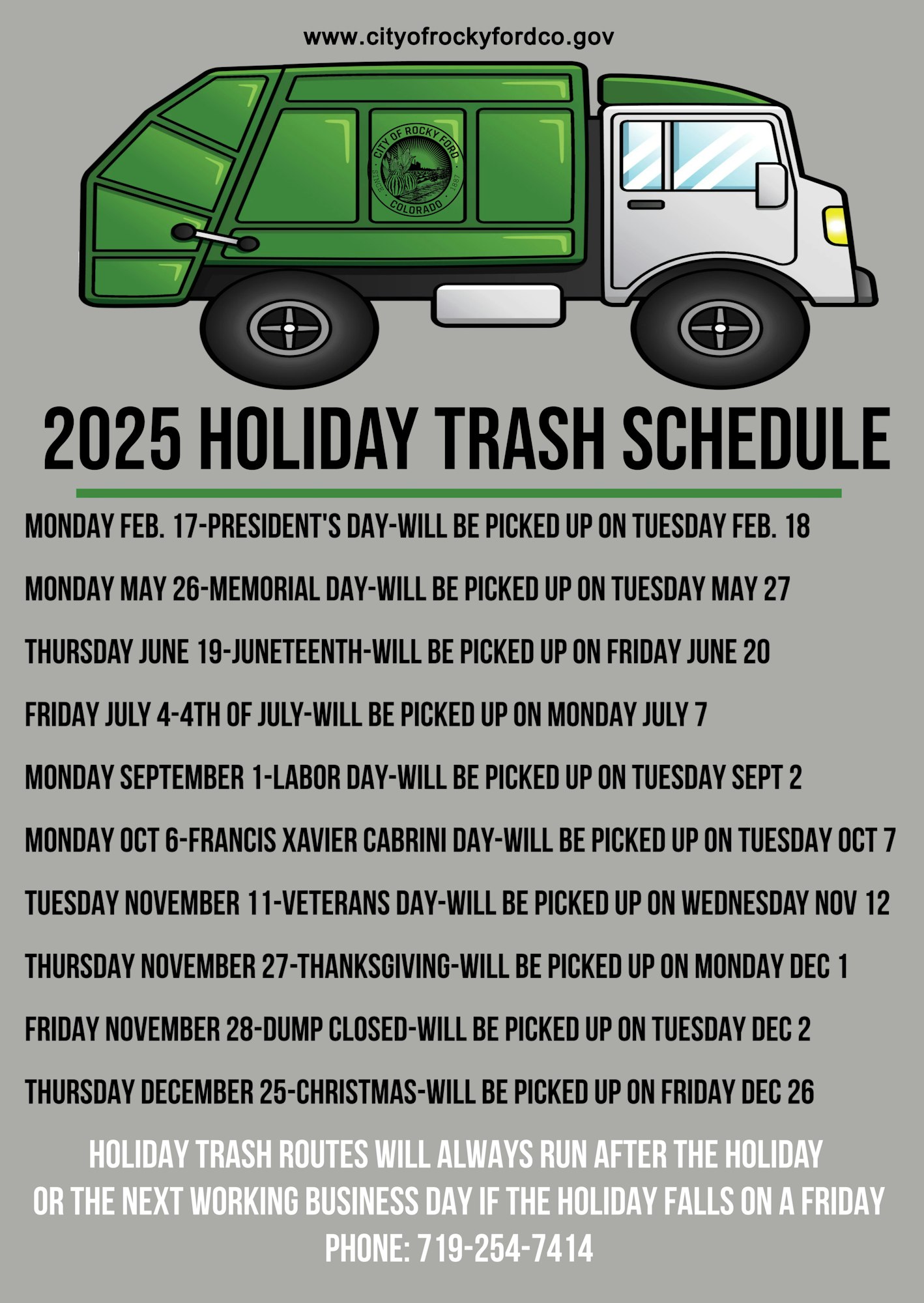 2025 holiday trash schedule for Rocky Ford, CO, with pickup adjustments after holidays. Contact: 719-254-7414.