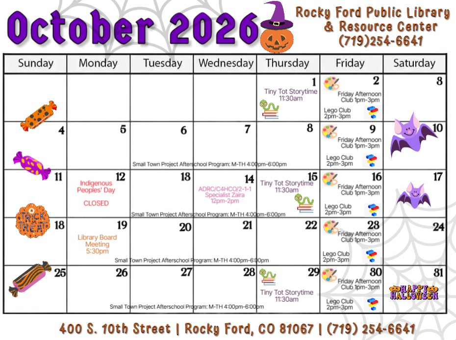 October 2026 calendar for Rocky Ford Library: events like storytime, Lego Club, and Indigenous Peoples' Day.