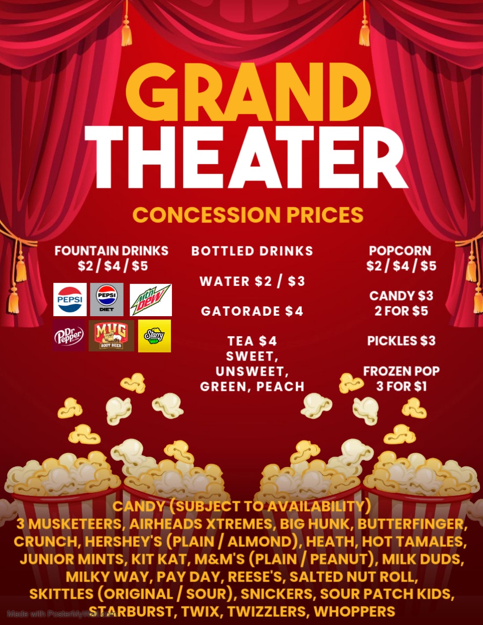 The image shows concession prices at a theater, listing drinks, popcorn, candy, and snacks.