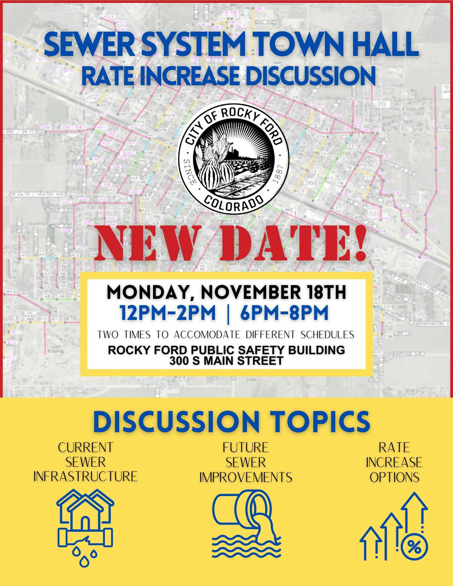 Poster for a Sewer System Town Hall in Rocky Ford, Colorado, discussing rate increases with time, location, and topics listed.