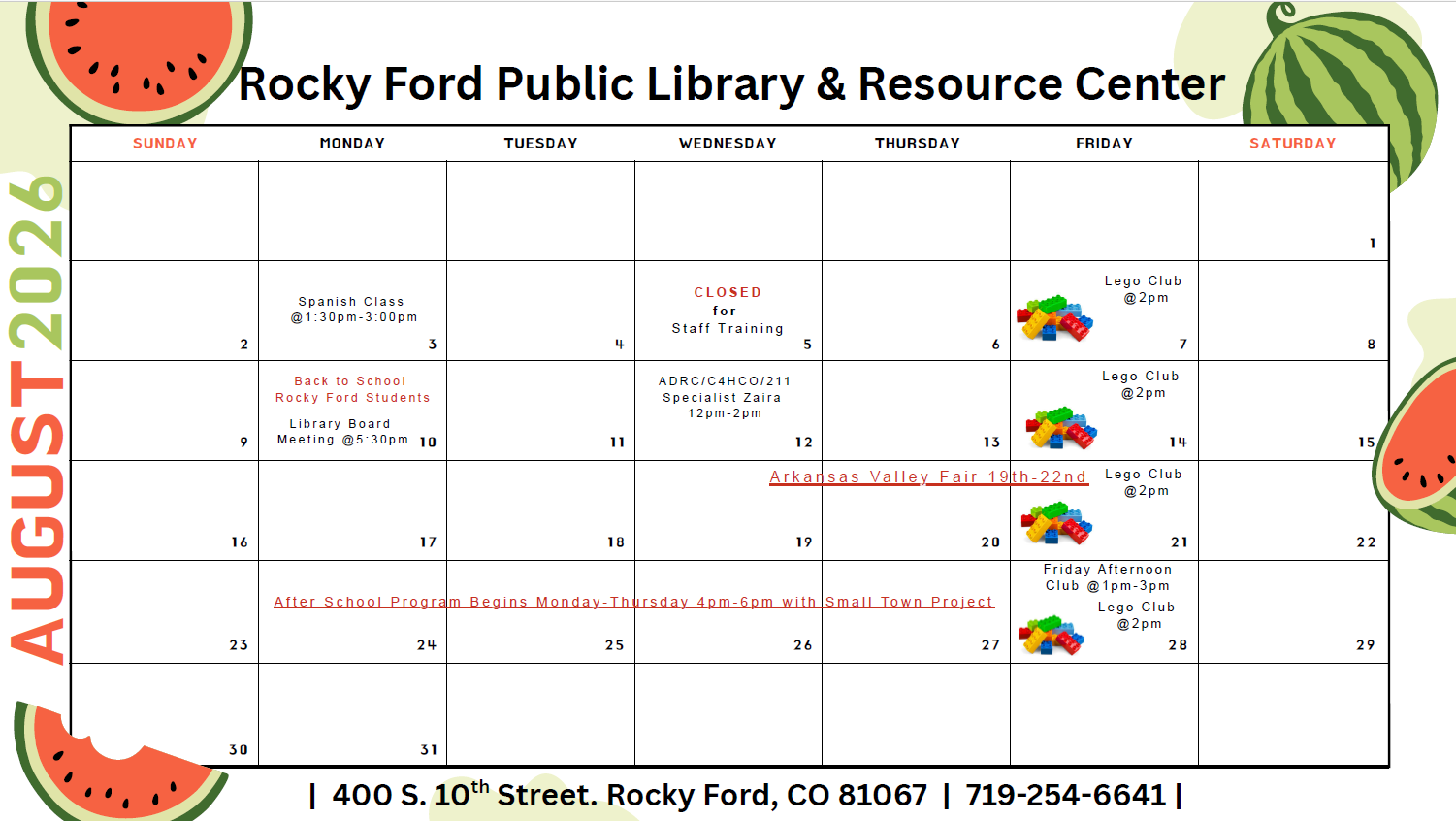 Calendar of events for August 2026 at Rocky Ford Public Library, featuring classes, meetings, and Lego Club sessions.