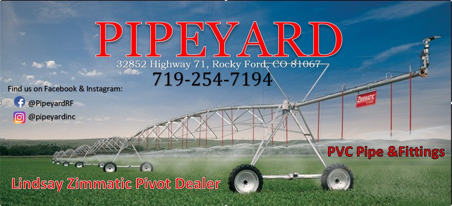 Advertising image for Pipeyard, a PVC pipe and fittings dealer in Rocky Ford, CO, featuring irrigation equipment and social media info.