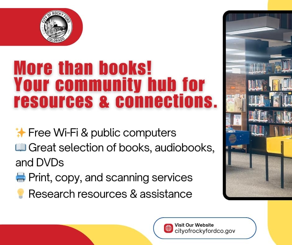 Community hub offering free Wi-Fi, computers, books, DVDs, printing, and research assistance. Visit cityofrockyfordco.gov.