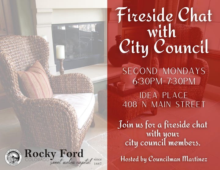 An invitation to a "Fireside Chat with City Council," featuring a cozy chair and fireplace, hosted by Councilman Martinez.