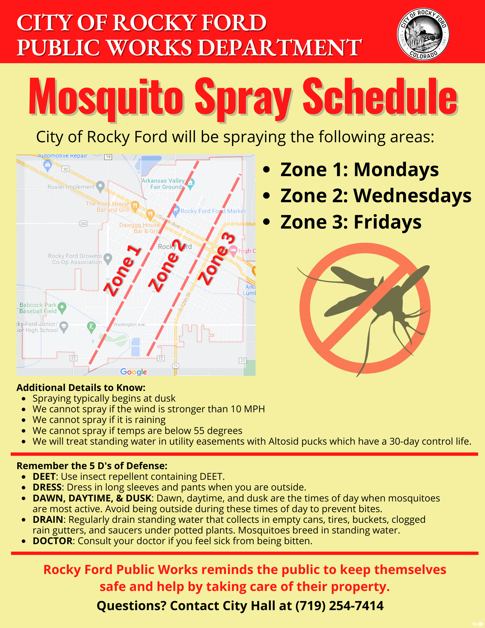 Rocky Ford's mosquito spray schedule: Zone 1 on Mondays, Zone 2 on Wednesdays, Zone 3 on Fridays. Includes safety tips and contacts.