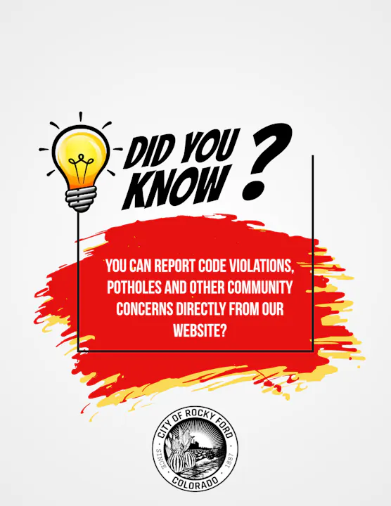 The image encourages residents to report code violations and community concerns via the City of Rocky Ford's website.