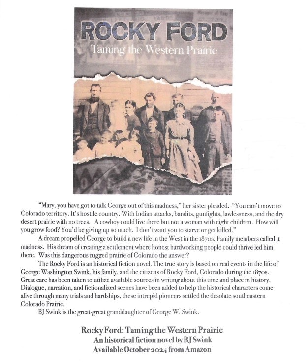 An advertisement for a historical fiction novel "Rocky Ford: Taming the Western Prairie" by BJ Swink, available October 2024 from Amazon.