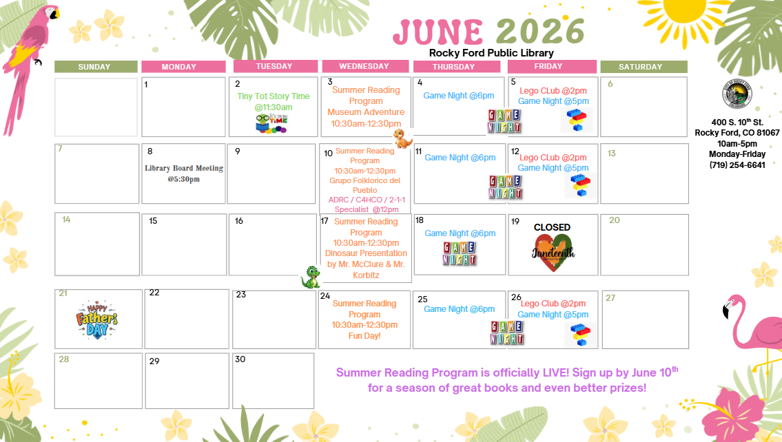 June 2026 calendar for Rocky Ford Public Library with events like Tiny Tot Story Time, Summer Reading Program, Game Nights, and Lego Club.