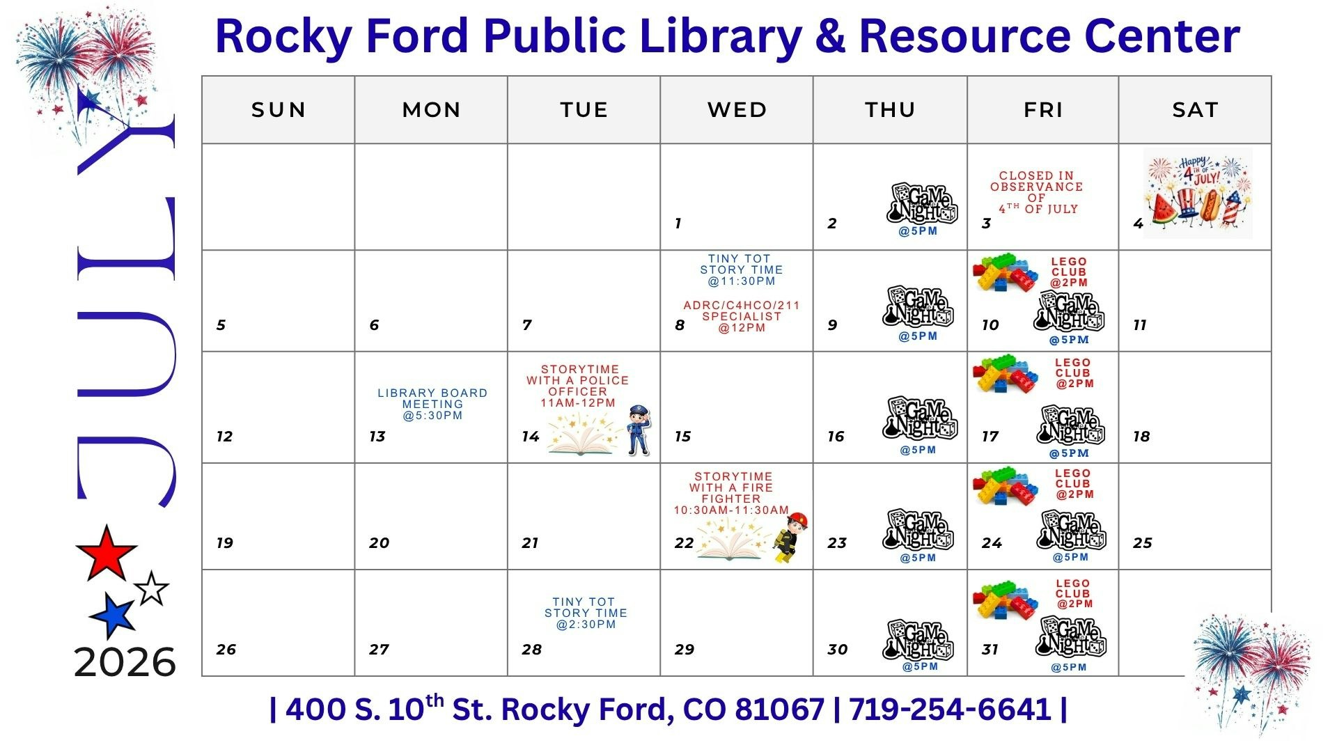 It's a calendar for July 2026 at the Rocky Ford Public Library, featuring events like Storytime and LEGO Club sessions.