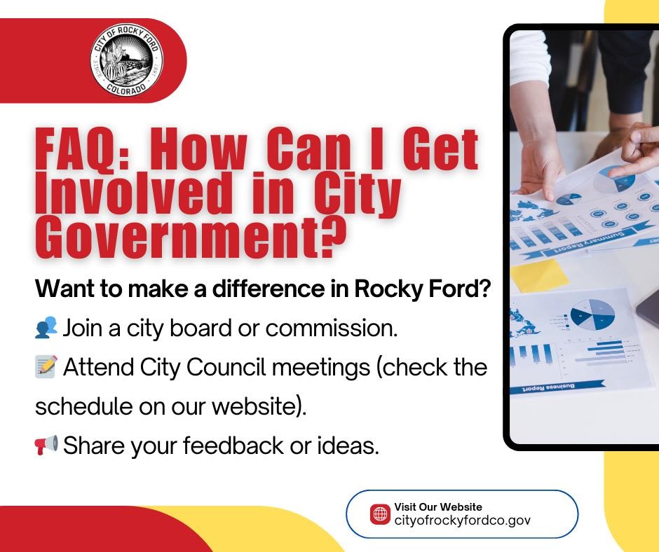 Guide on getting involved in Rocky Ford city government: join boards, attend meetings, share feedback. Visit cityofrockyfordco.gov.