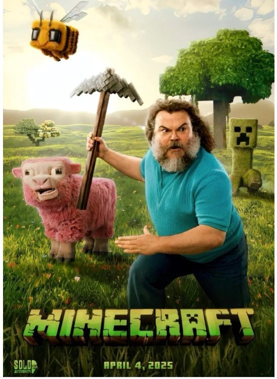 A man poses with a pickaxe beside a blocky pink sheep and a creeper in a Minecraft-themed scene. Text: "MINECRAFT" and "April 4, 2025".