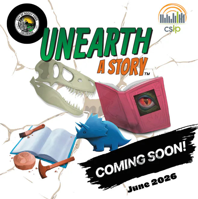Promotional image for "Unearth a Story," featuring dinosaurs and books, announcing a release date of June 2026.