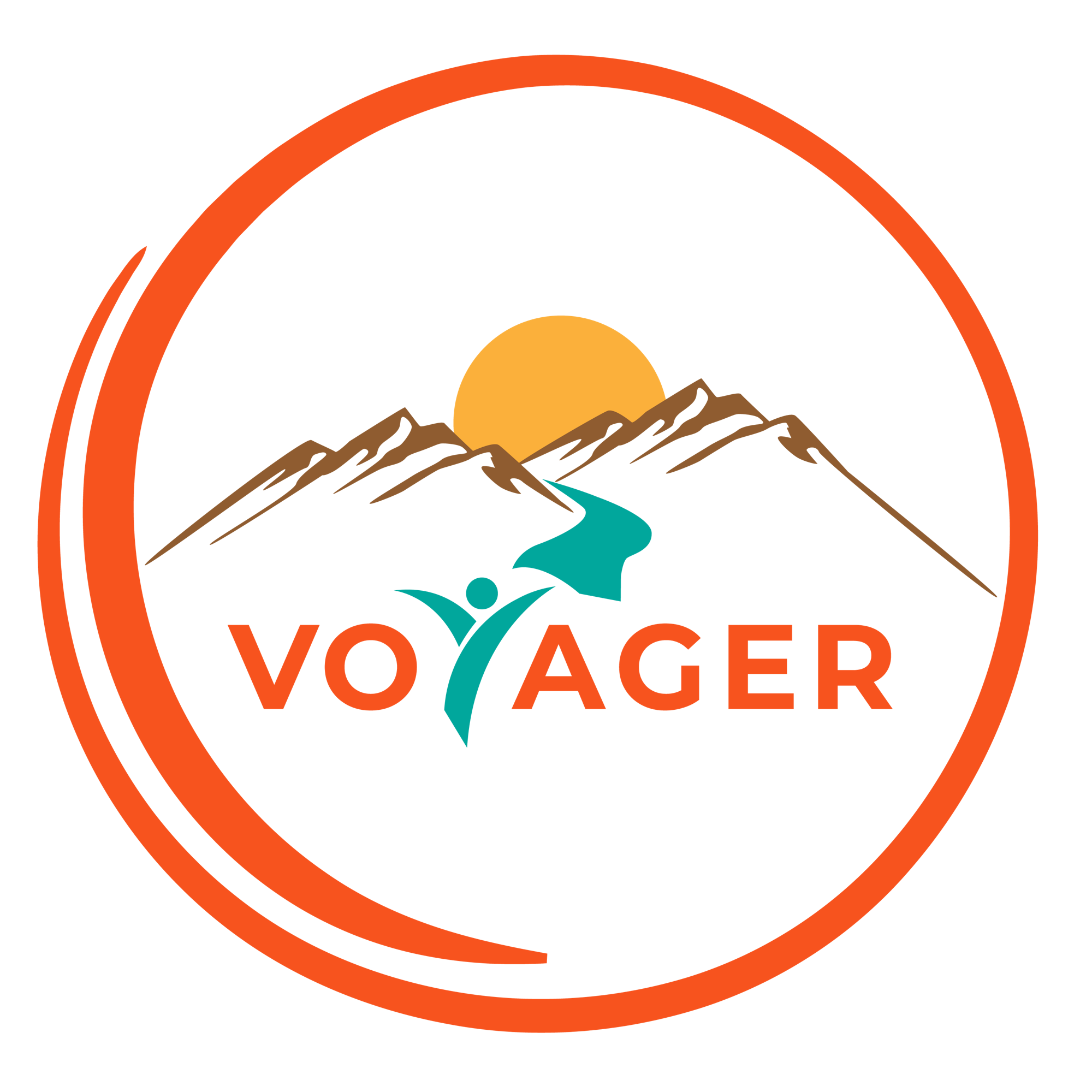 Circle logo with mountains, sun, river, and the word "VOYAGER" in orange.
