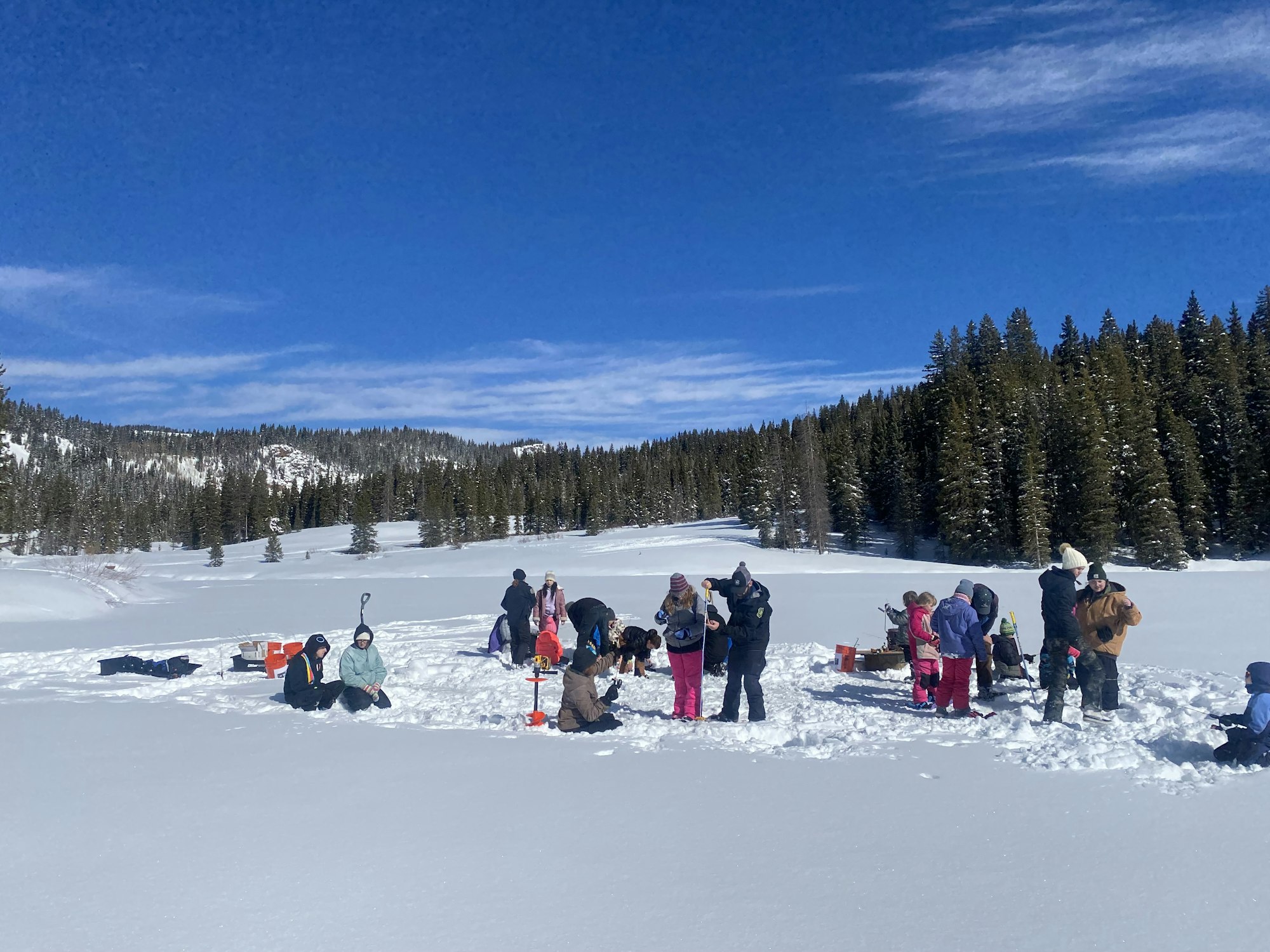 People in winter clothing enjoying the snow in a snowy landscape surrounded by pine trees and blue sky.