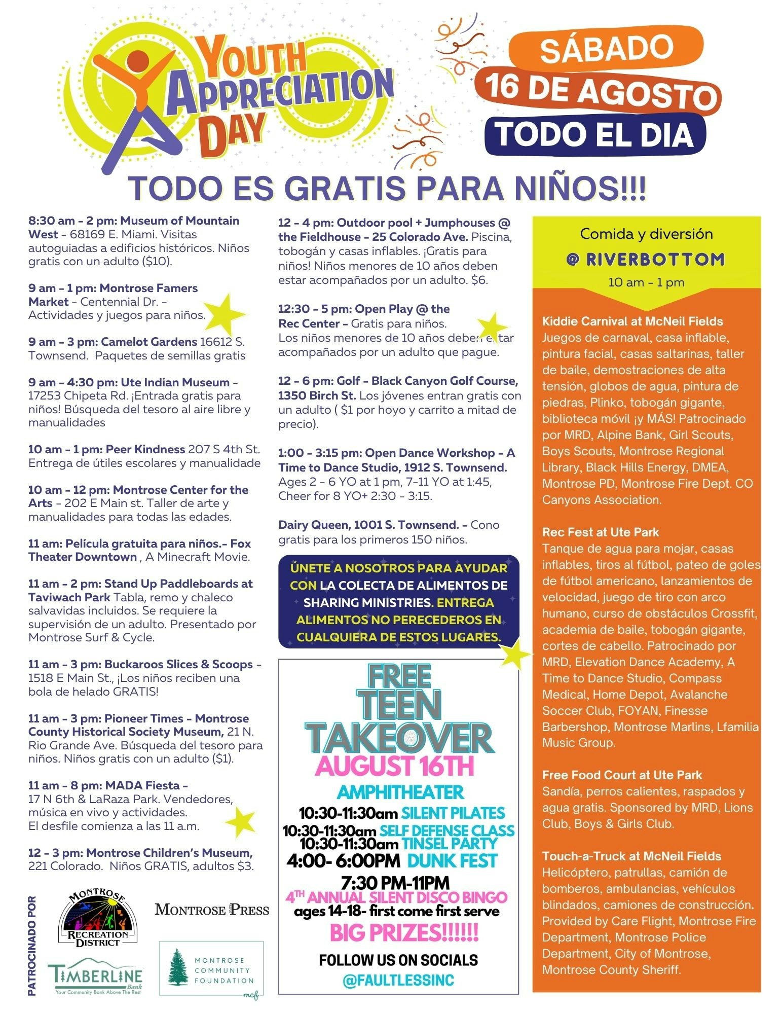 Youth Appreciation Day flyer: free activities for kids including games, pool, dance, golf, and more on August 16. Free food and events.