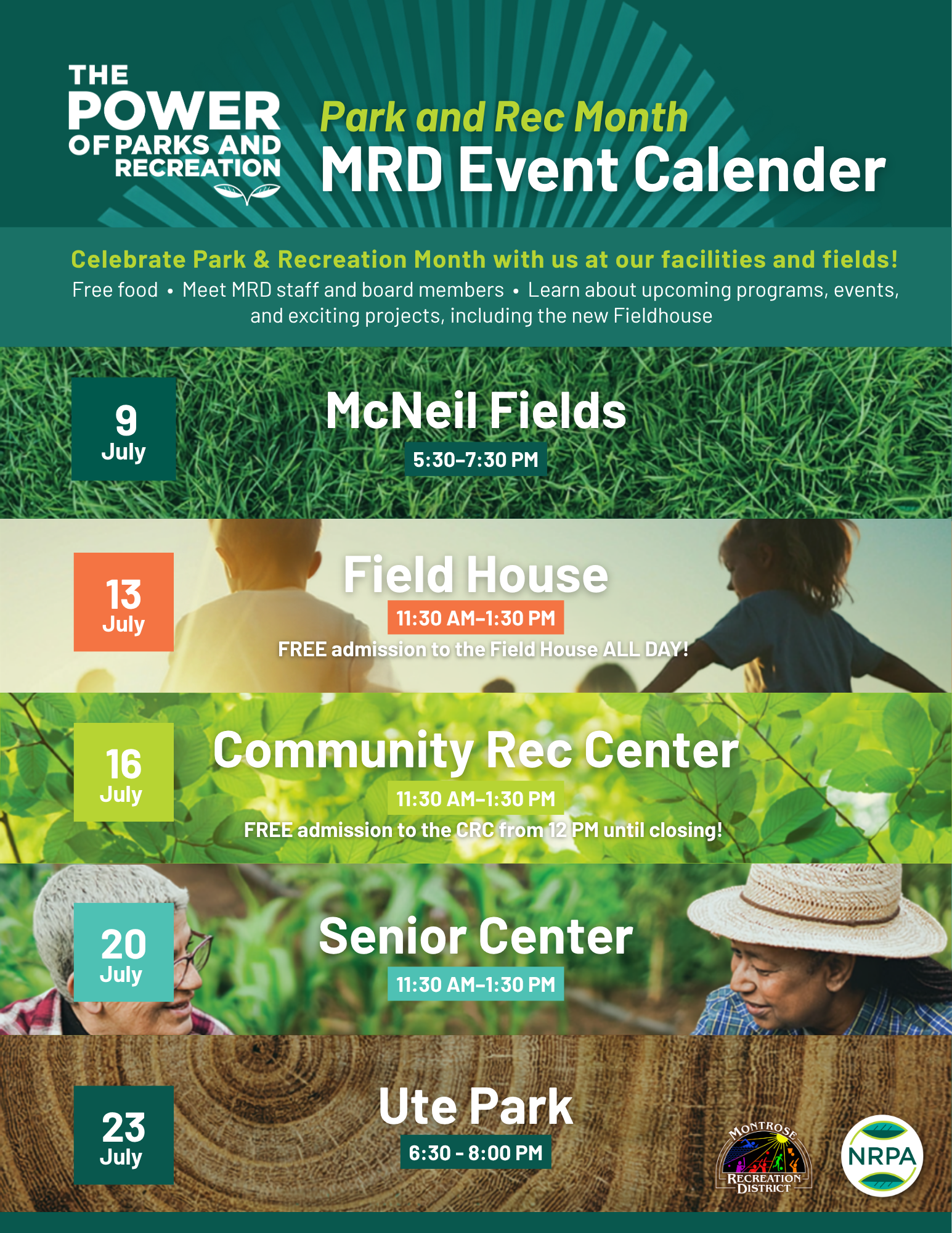 Event calendar for Park & Rec Month with free food and activities at various locations in July. Dates include McNeil, Field House, CRC, and Ute Park.