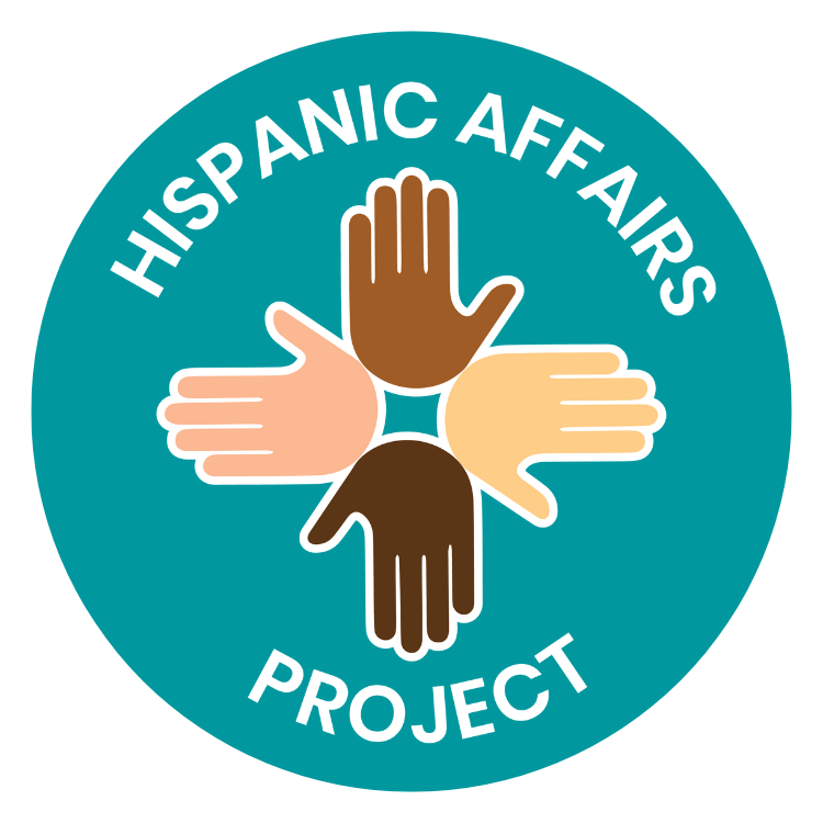 Circle with four interlocking hands of different skin tones, labeled "Hispanic Affairs Project."