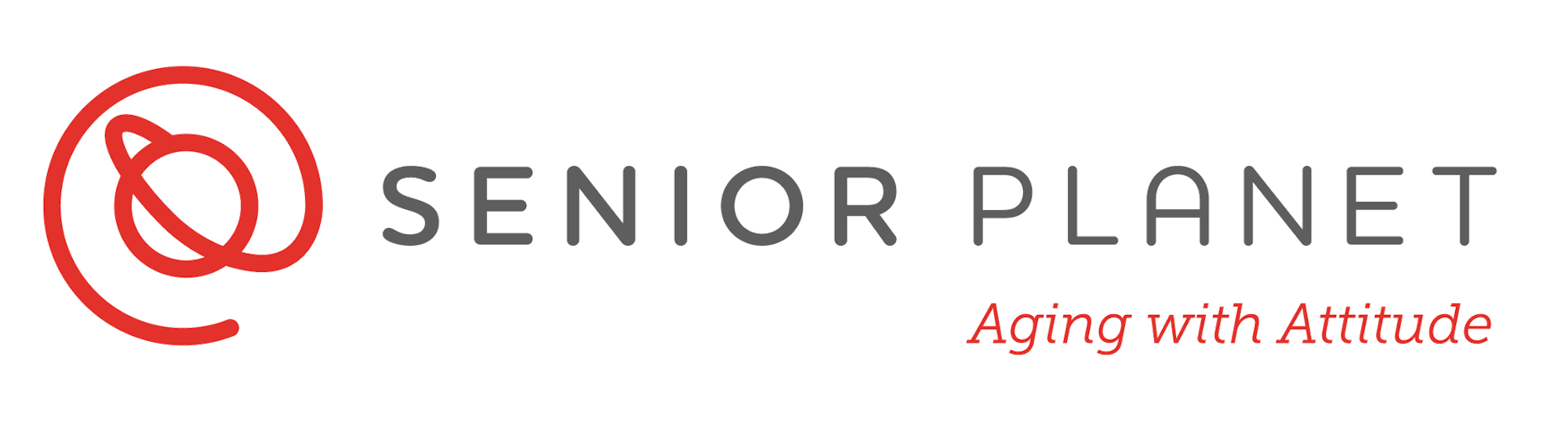 Logo of "SENIOR PLANET - Aging with Attitude" with a stylized red "at" symbol.