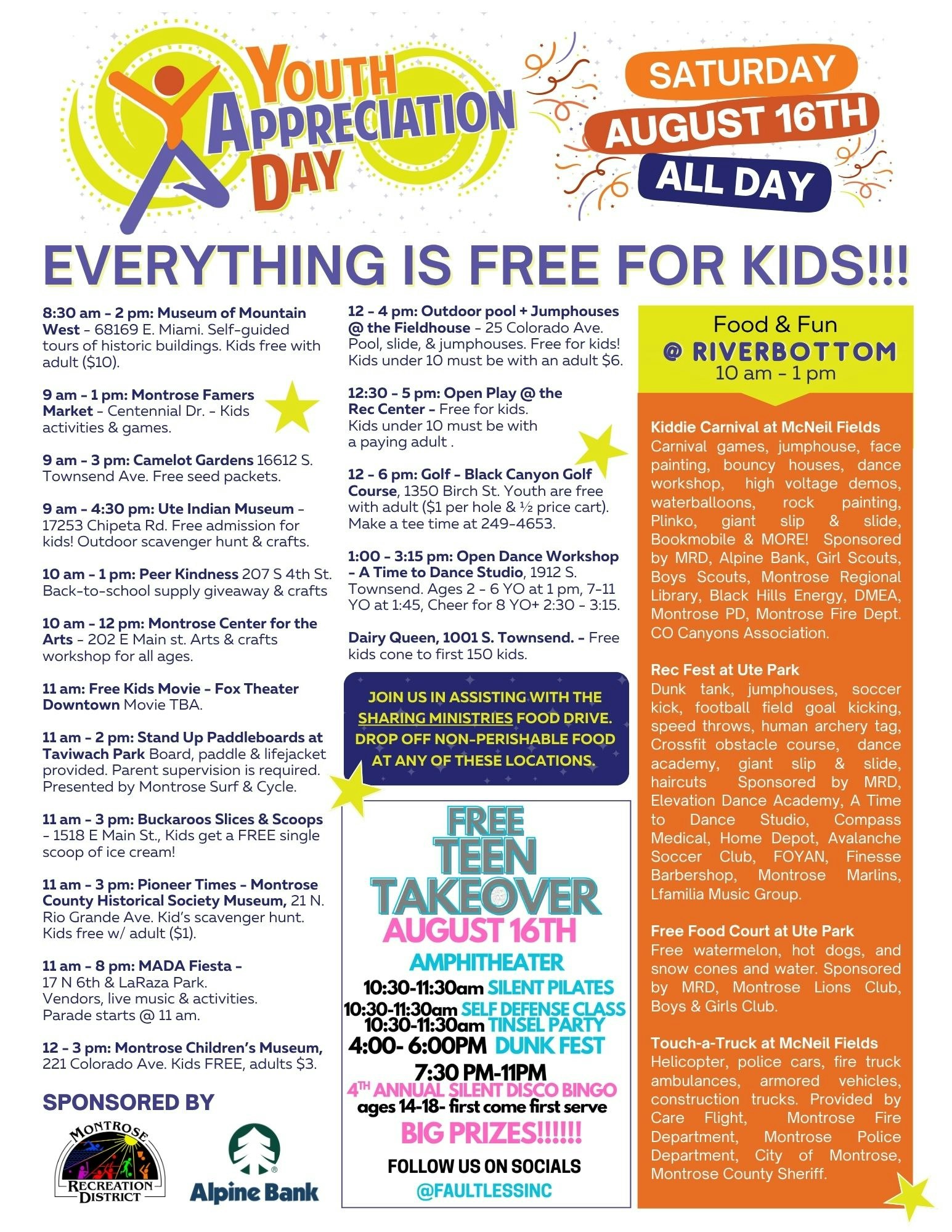 Youth Appreciation Day flyer with event details, free activities for kids, and a free teen takeover on August 16th.