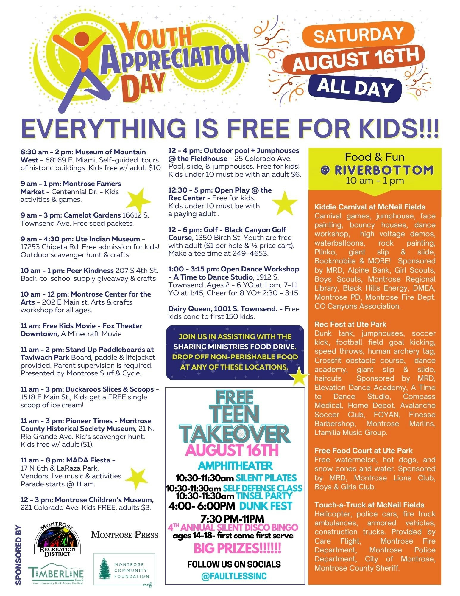 Youth Appreciation Day schedule on August 16th with free activities for kids at various locations, including games, workshops, and food.