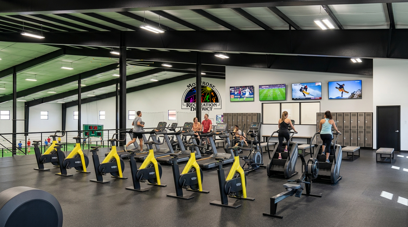 A modern gym with exercise equipment, TVs showing sports, and lockers, bustling with people engaged in workouts.