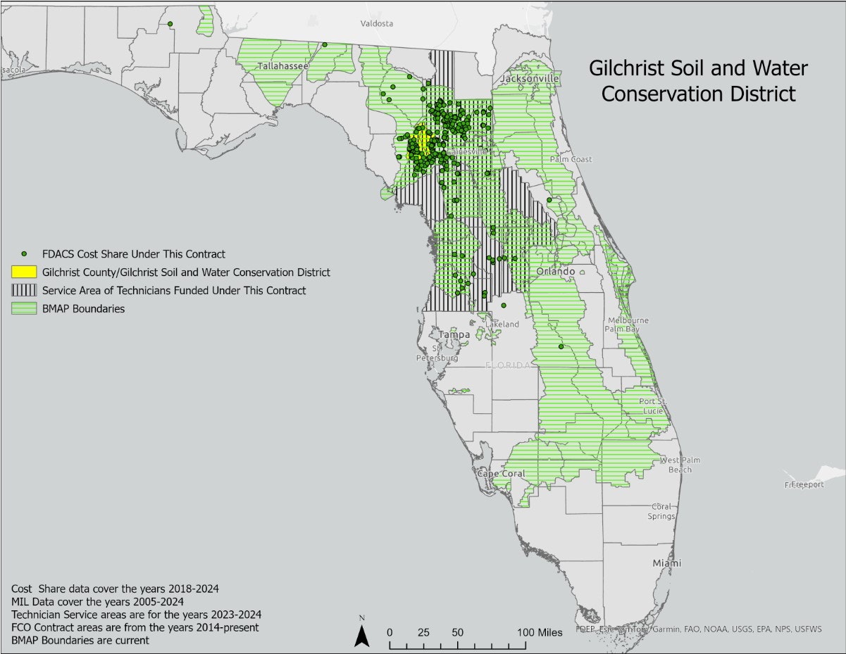 A map showing Gilchrist Soil and Water Conservation District with various areas highlighted for FDACS cost share and service areas.