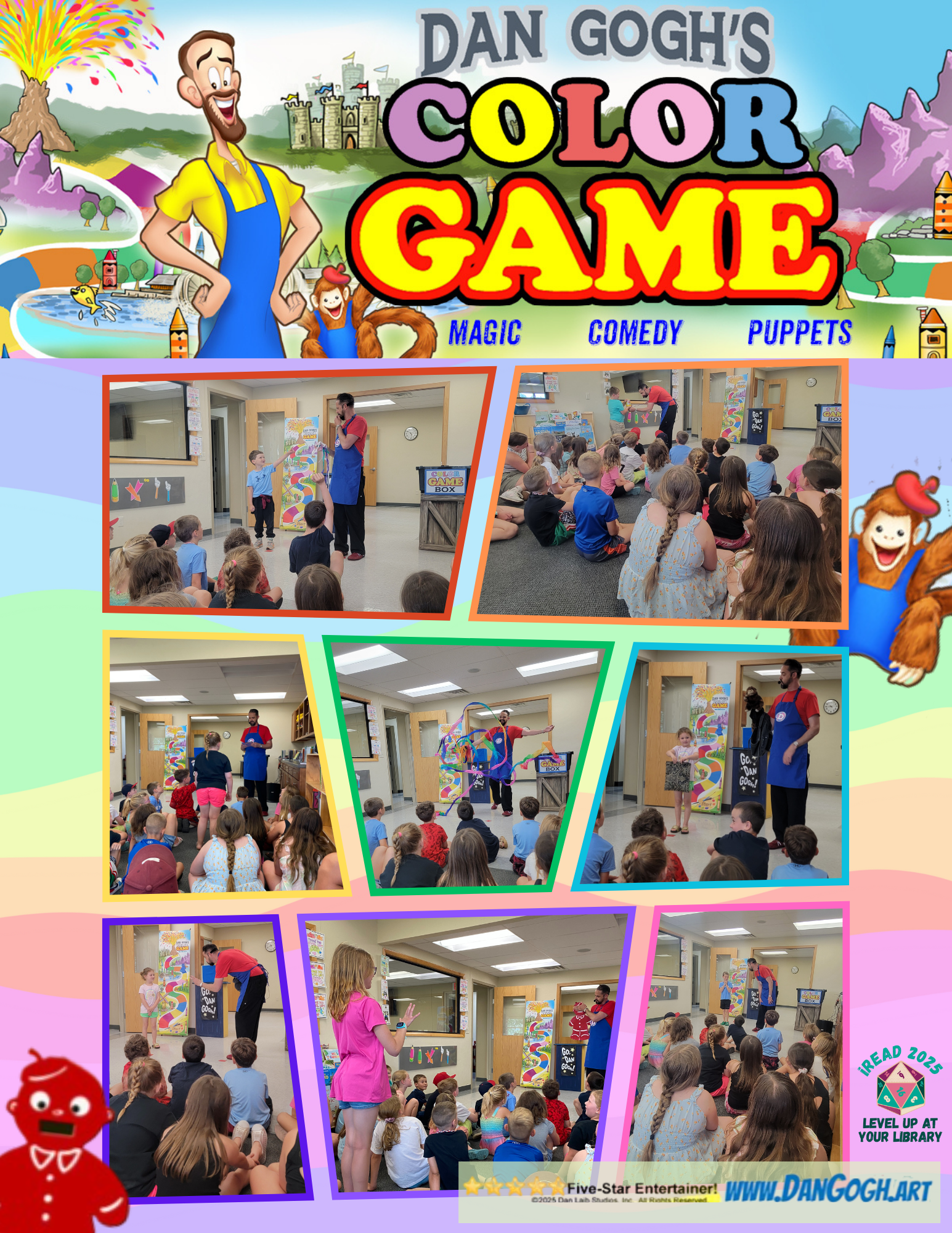 A promotional image for "Dan Gogh's Color Game," featuring scenes of a magic, comedy, and puppet show for children.